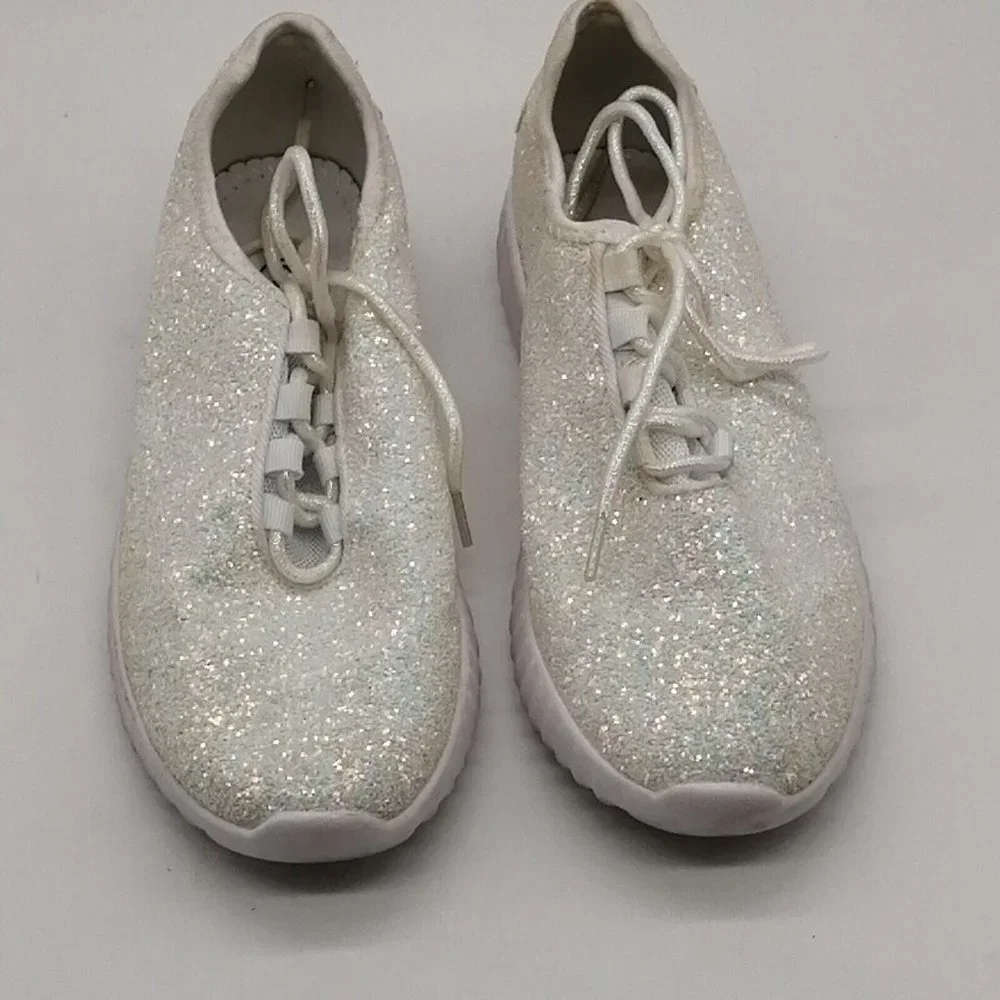 Womens Flat Heel Lace Up Low Top‎ Sneaker Cushioned Insole White Glitter Sz 8